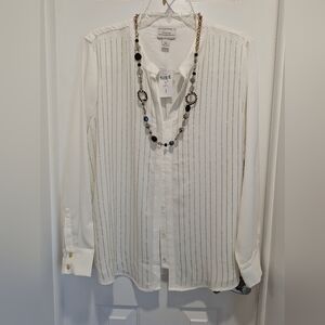 NWT Chico’s White Button Front Blouse Gold Stripe Detail | Size 3